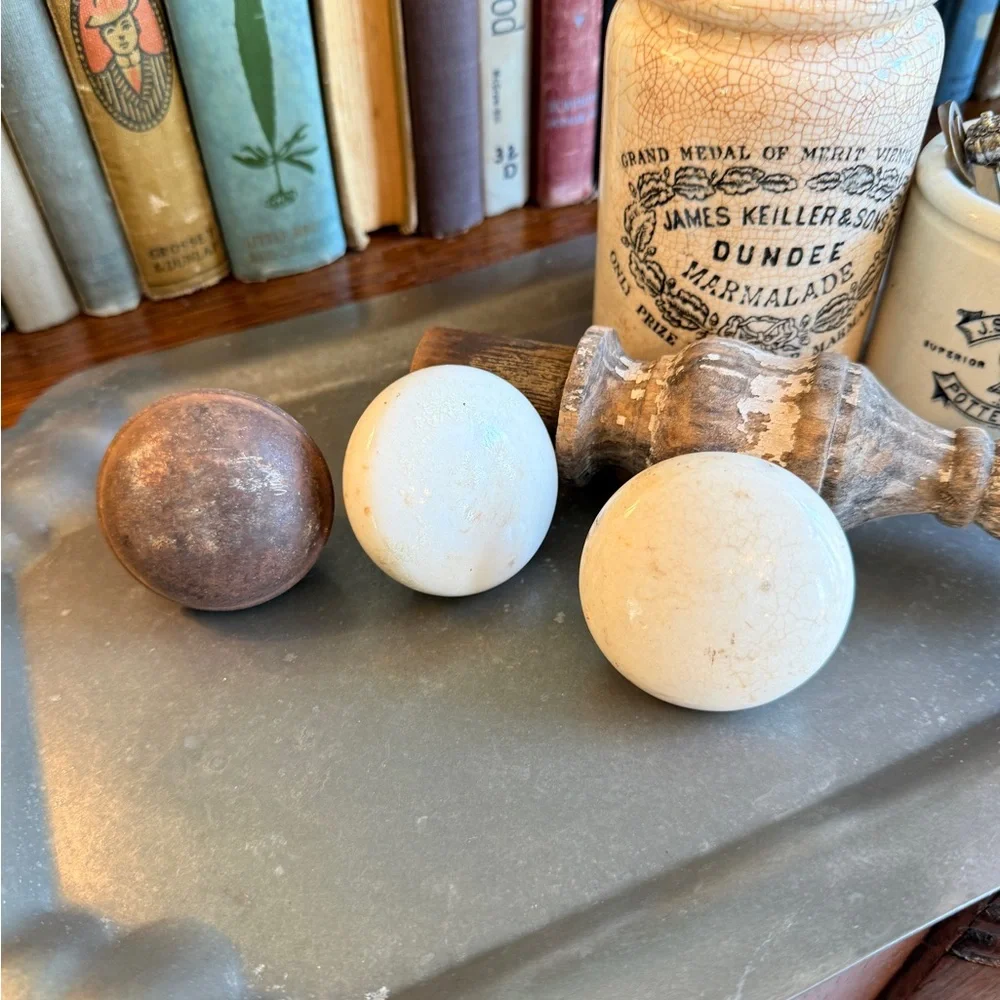 Set of 3 Antique Porcelain and Brass Door Knobs